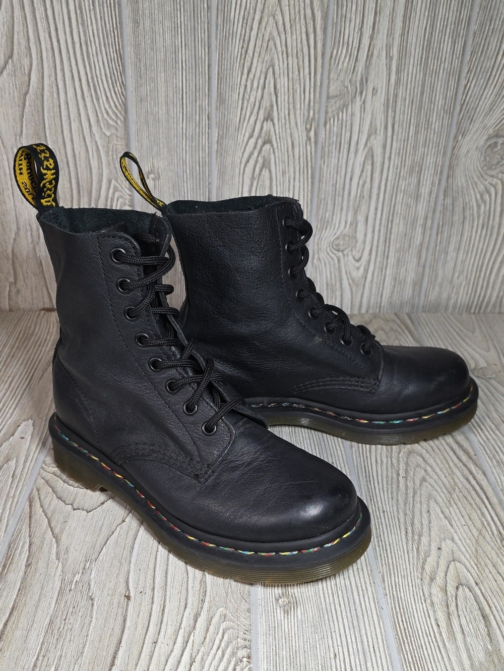 Dr. Martens 1460 Pascal Black Leather Boots Rainbow Stich Combat Boots Womens 6